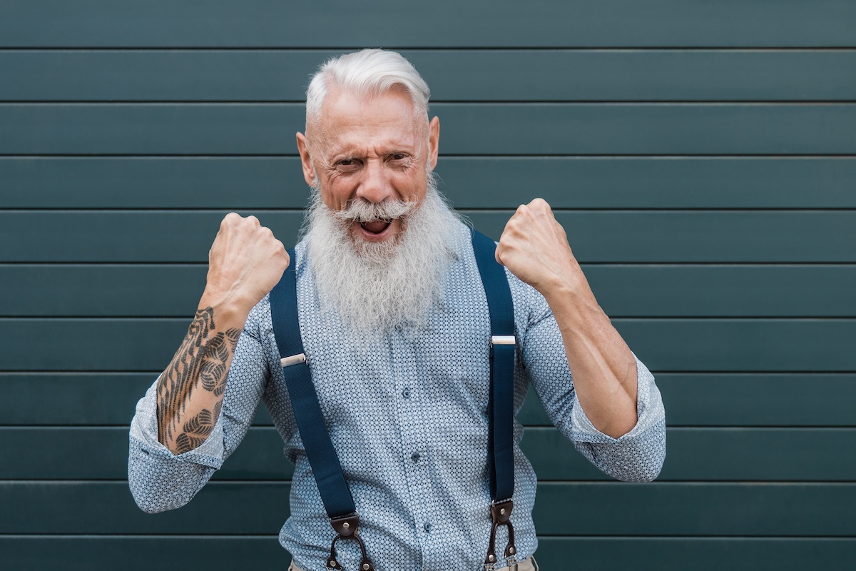 Hipster Senior Man Celebrating Victory Outdoor In The City Elderly Life Style